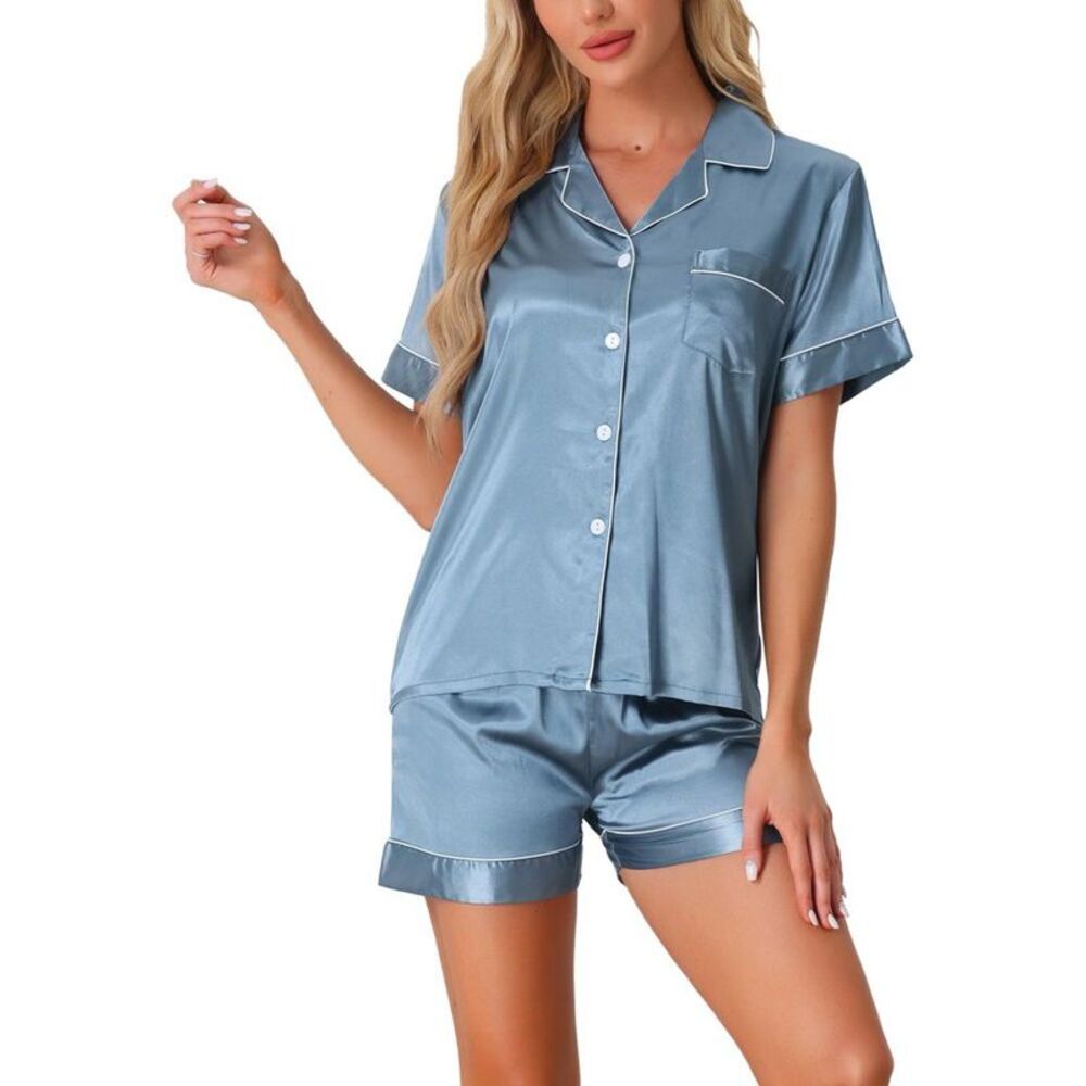 Cheibear Women's Silky Satin Short Pajama Set - Grayish Blue Small